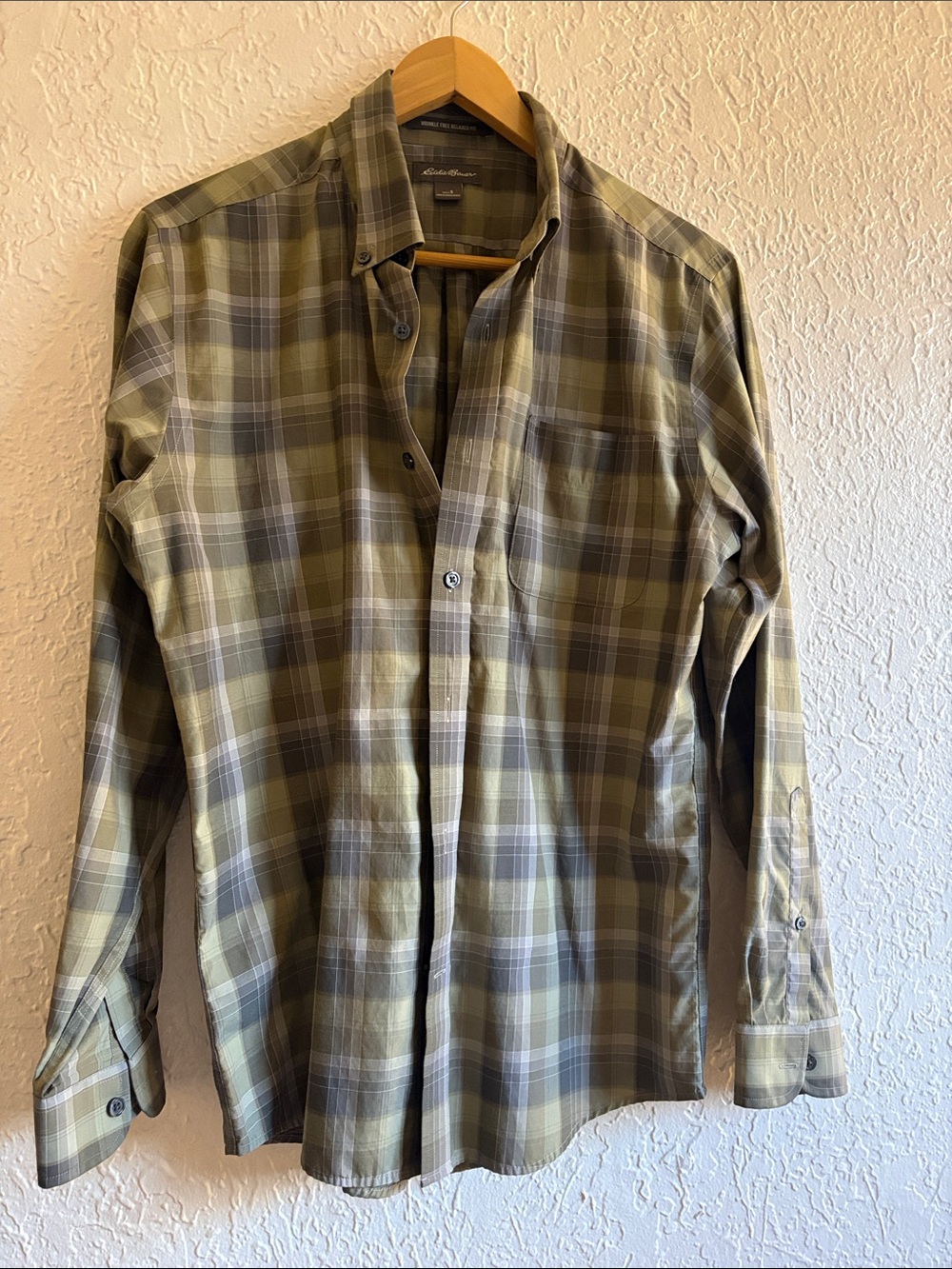 Eddie Bauer Olive and Gray Plaid Long-Sleeve Button-Down Shirt